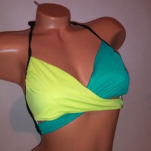 Victoria Secret PINK Swim Bikini Top Medium Green Yellow Black Colorblock Wrap